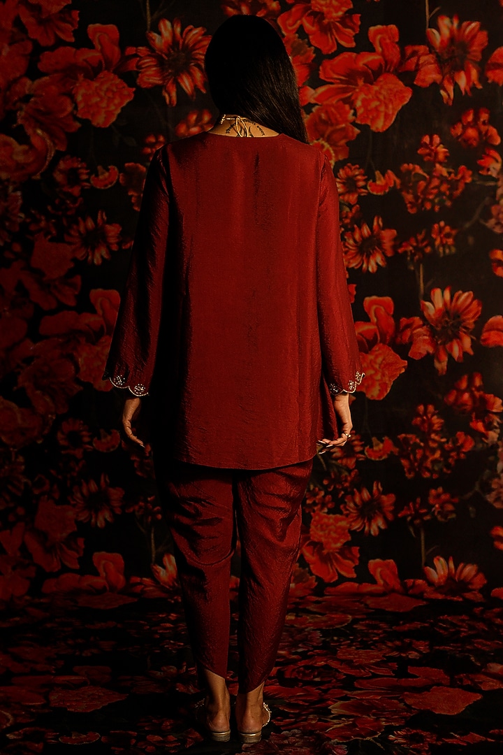 Maroon Chanderi Zari Embroidered Dhoti Set by The House of Ta-Ya at Pernia's Pop Up Shop
