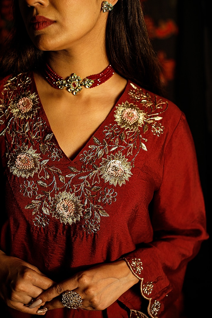Maroon Chanderi Zari Embroidered Dhoti Set by The House of Ta-Ya at Pernia's Pop Up Shop
