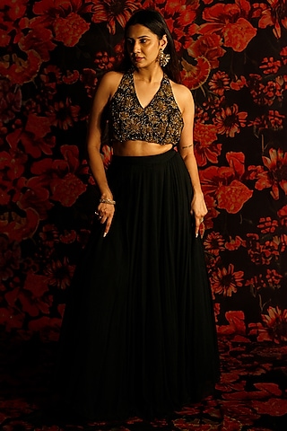 Black Georgette Gold Embroidered Lehenga Set by The House of Ta-Ya