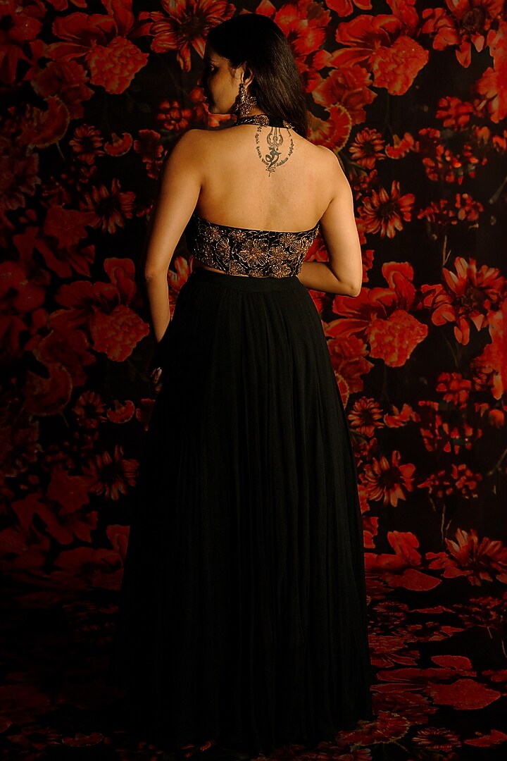 Black Georgette Gold Embroidered Lehenga Set by The House of Ta-Ya at Pernia's Pop Up Shop