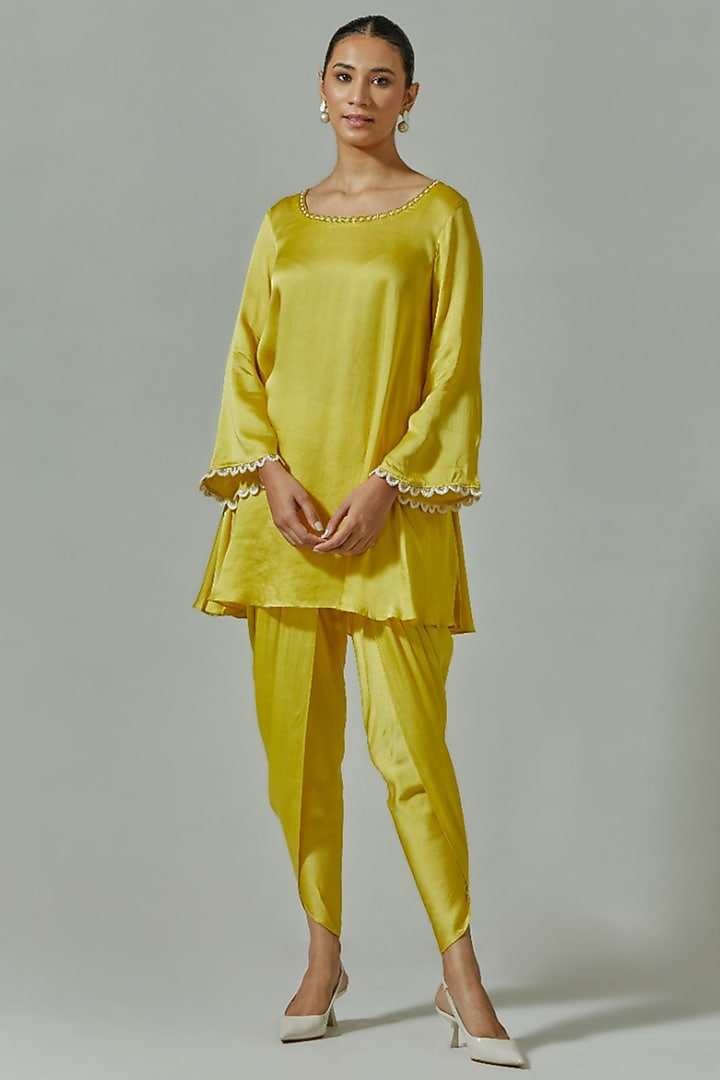 Misted Yellow Modal Satin Dhoti Set by The House of Ta-Ya at Pernia's Pop Up Shop