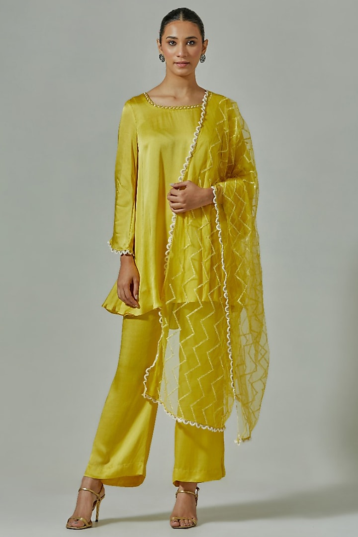 Misted Yellow Modal Satin & Mesh Embroidered Kurta Set by The House of Ta-Ya