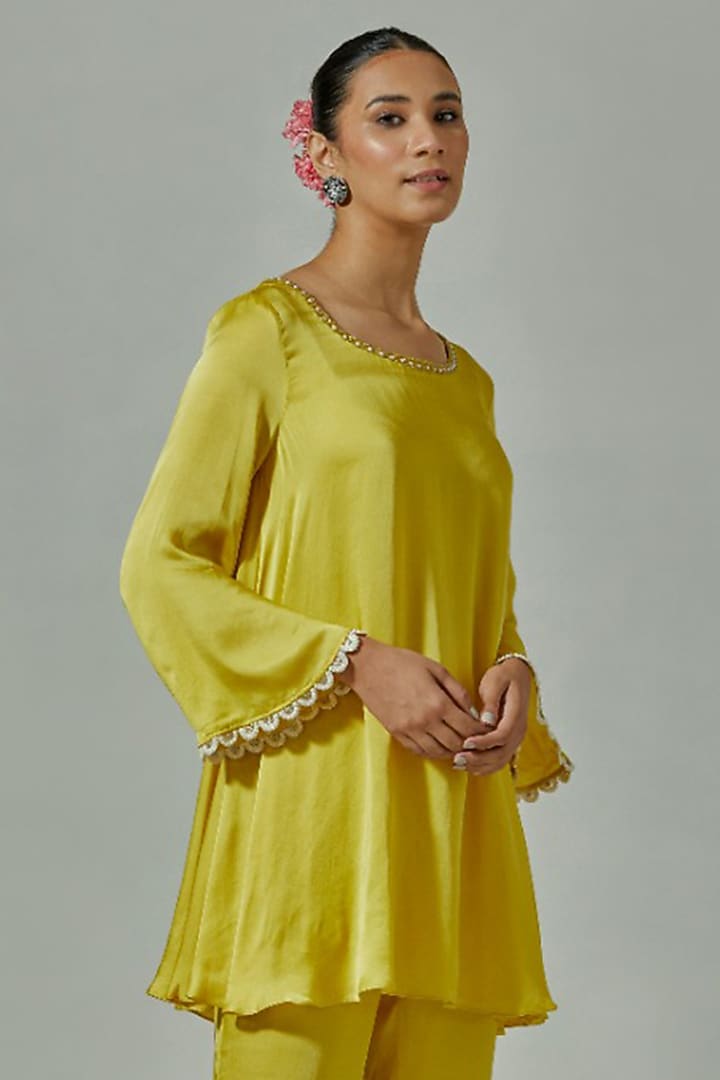 Misted Yellow Modal Satin & Mesh Embroidered Kurta Set by The House of Ta-Ya at Pernia's Pop Up Shop