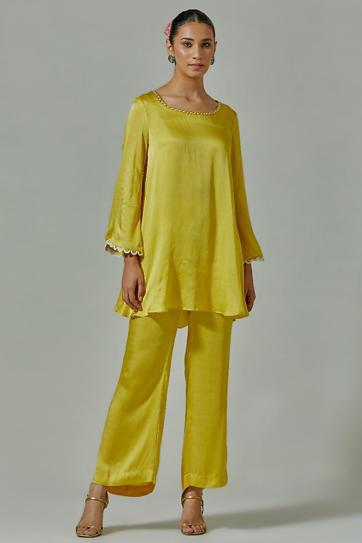 Misted Yellow Modal Satin & Mesh Embroidered Kurta Set by The House of Ta-Ya at Pernia's Pop Up Shop