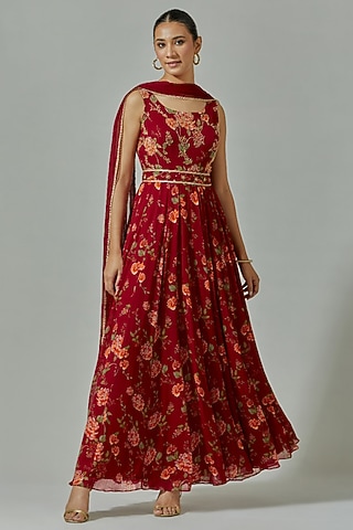 Maroon Georgette Printed & Hand Embroidered Anarkali Set by The House of Ta-Ya