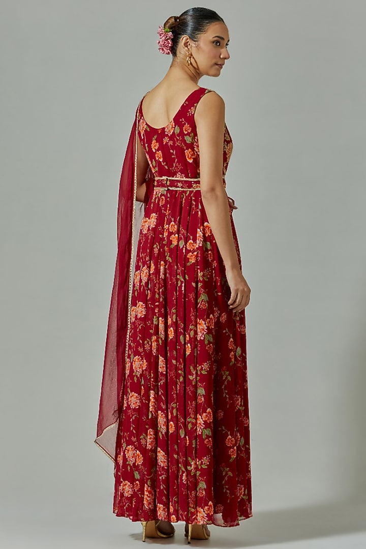 Maroon Georgette Printed & Hand Embroidered Party Wear Anarkali Set by The House of Ta-Ya at Pernia's Pop Up Shop