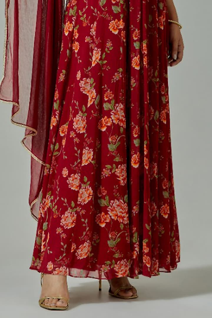 Maroon Georgette Printed & Hand Embroidered Party Wear Anarkali Set by The House of Ta-Ya at Pernia's Pop Up Shop