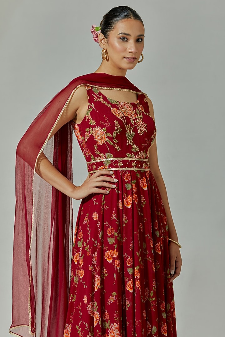 Maroon Georgette Printed & Hand Embroidered Party Wear Anarkali Set by The House of Ta-Ya at Pernia's Pop Up Shop