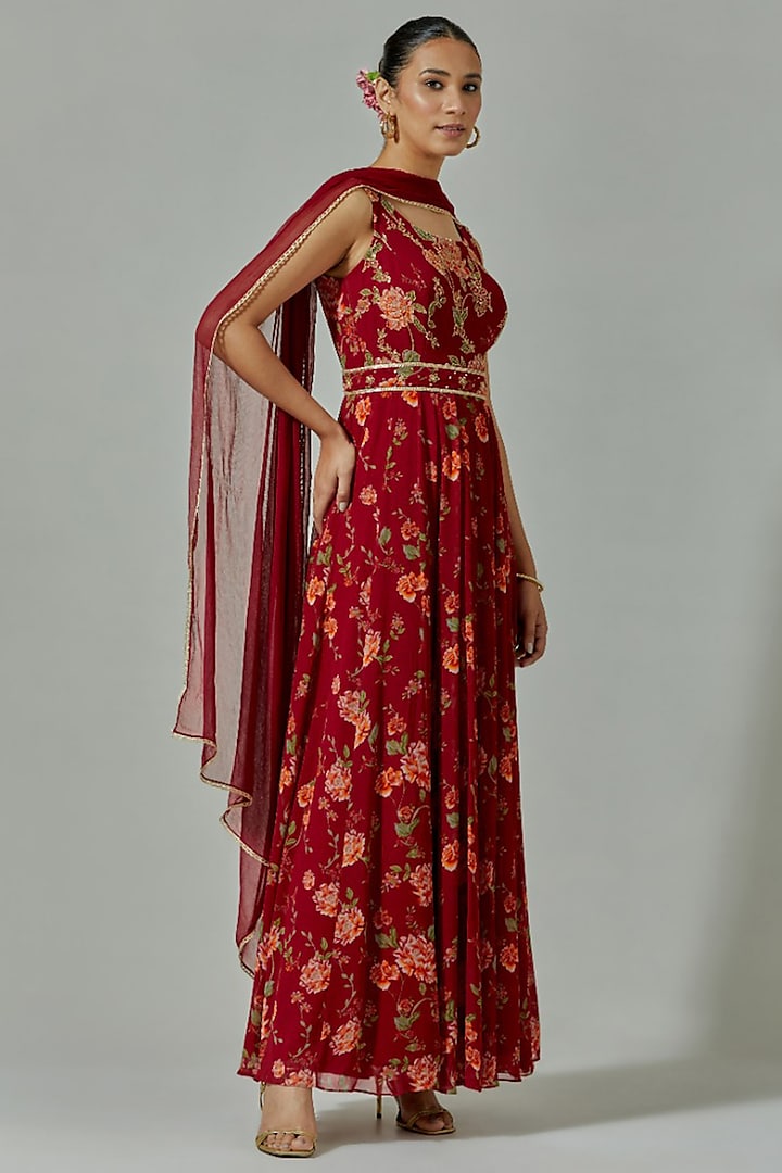 Maroon Georgette Printed & Hand Embroidered Party Wear Anarkali Set by The House of Ta-Ya at Pernia's Pop Up Shop