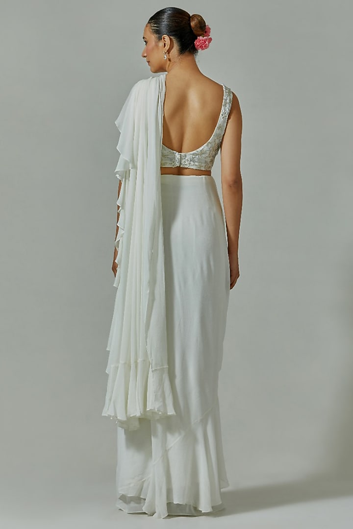 Ivory Georgette Ruffled Pre-Stitched Handcrafted Party Wear Saree Set by The House of Ta-Ya at Pernia's Pop Up Shop