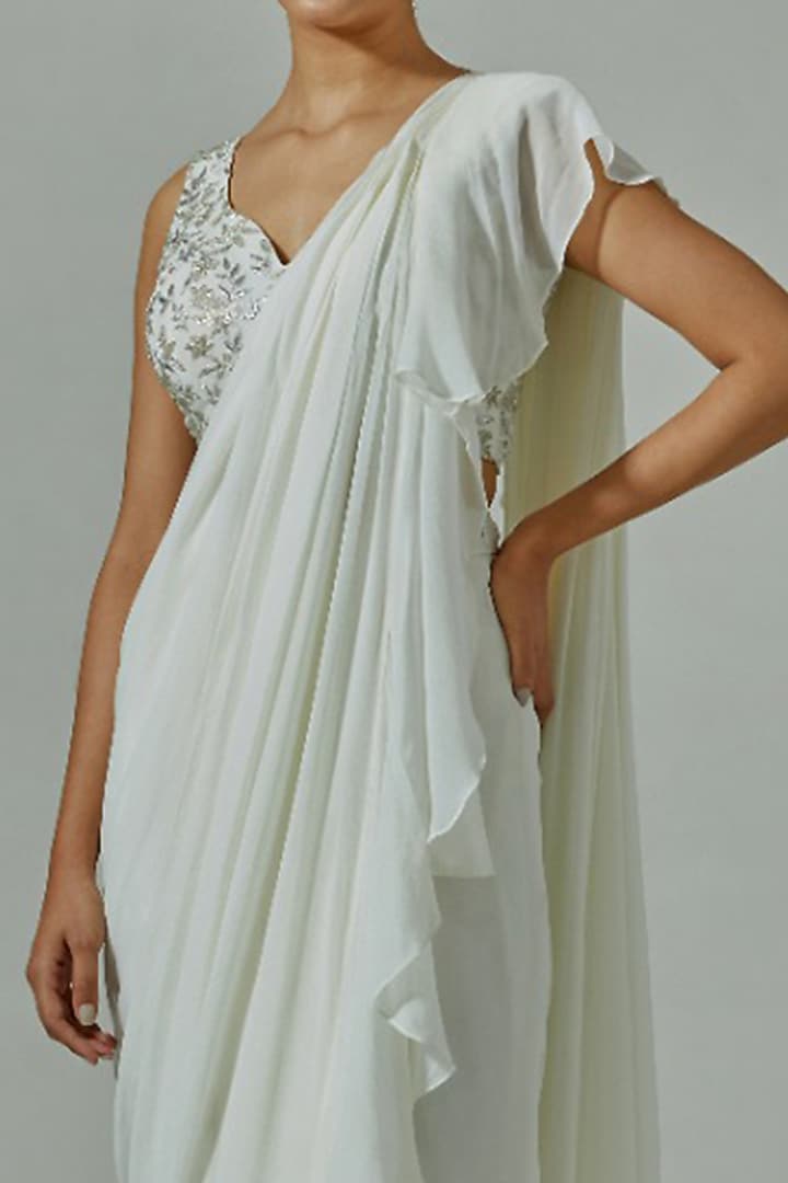 Ivory Georgette Ruffled Pre-Stitched Handcrafted Party Wear Saree Set by The House of Ta-Ya at Pernia's Pop Up Shop