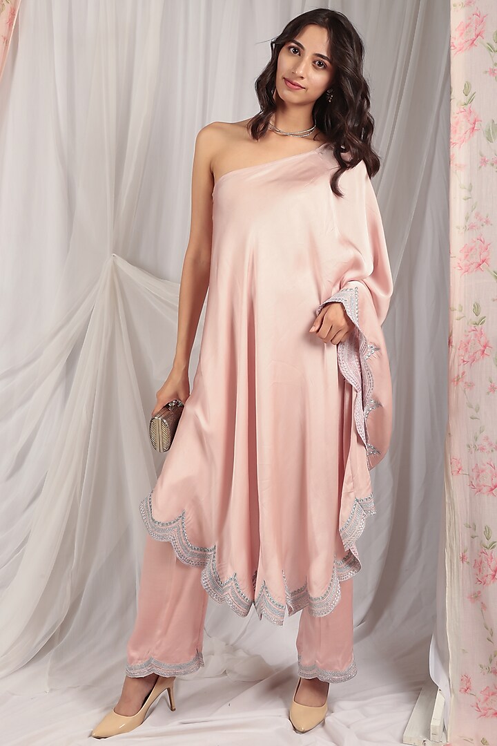 Peach Pink Modal Satin Embroidered Tunic Set by The House of Ta-Ya