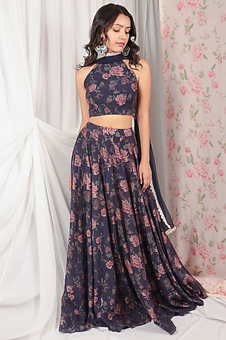 Blue & Violet Chanderi Slub Printed Lehenga Set by The House of Ta-Ya