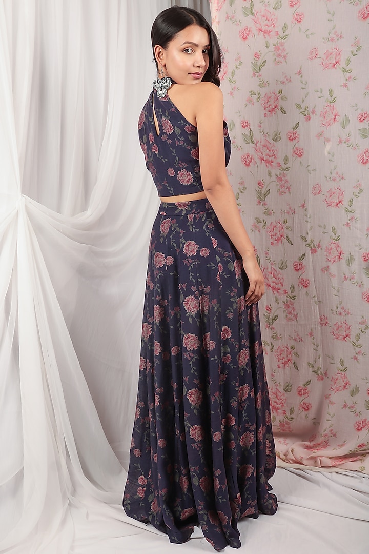Blue & Violet Chanderi Slub Printed Lehenga Set by The House of Ta-Ya at Pernia's Pop Up Shop