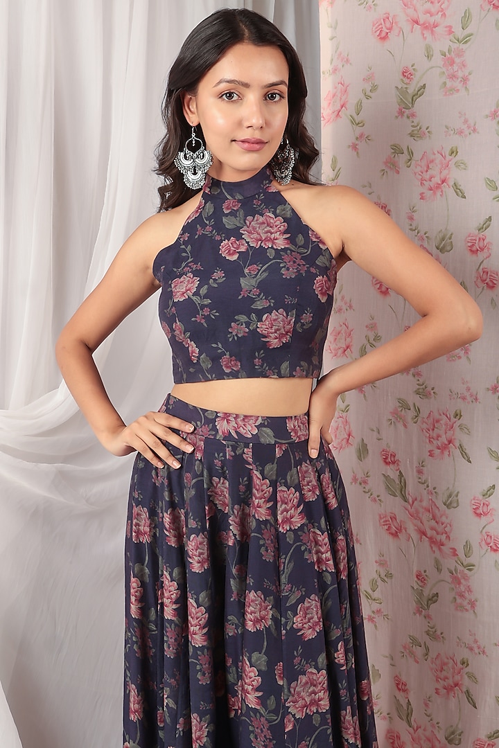 Blue & Violet Chanderi Slub Printed Lehenga Set by The House of Ta-Ya at Pernia's Pop Up Shop