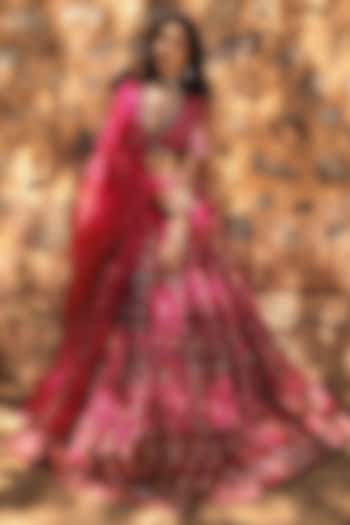 Hot Pink Viscose & Silk Printed Wedding Lehenga Set by The House of Ta-Ya at Pernia's Pop Up Shop