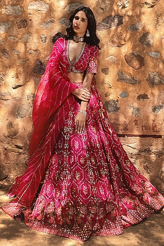 Hot Pink Viscose & Silk Printed Lehenga Set by The House of Ta-Ya