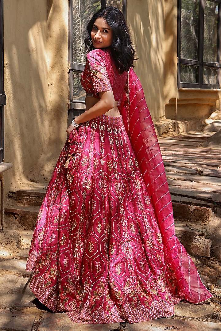 Hot Pink Viscose & Silk Printed Wedding Lehenga Set by The House of Ta-Ya at Pernia's Pop Up Shop