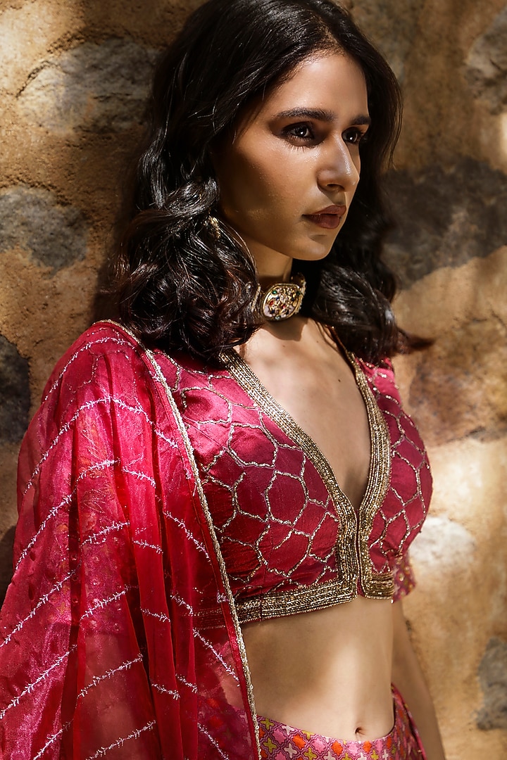 Hot Pink Viscose & Silk Printed Wedding Lehenga Set by The House of Ta-Ya at Pernia's Pop Up Shop