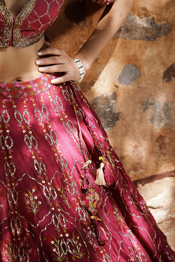 Hot Pink Viscose & Silk Printed Wedding Lehenga Set by The House of Ta-Ya at Pernia's Pop Up Shop