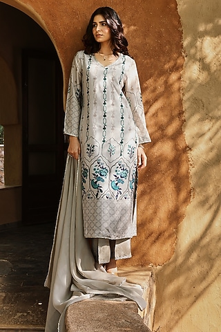 Grey Viscose & Silk Kurta Set by The House of Ta-Ya