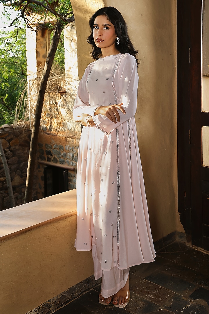 Pink Viscose & Silk Hand Embroidered Party Wear Anarkali Set by The House of Ta-Ya at Pernia's Pop Up Shop