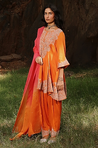 Orange-Pink Modal Satin Dori Embroidered Short Kurta Set by The House of Ta-Ya