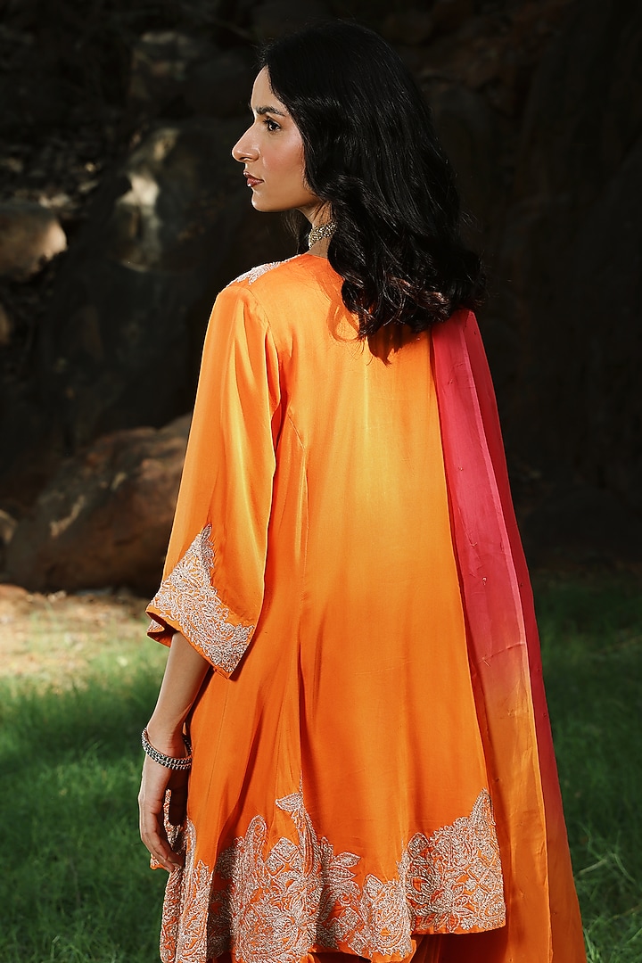 Orange-Pink Modal Satin Dori Embroidered Short Kurta Set by The House of Ta-Ya at Pernia's Pop Up Shop