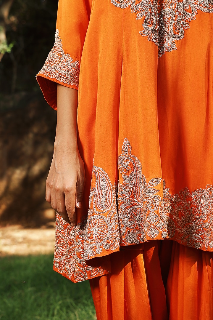 Orange-Pink Modal Satin Dori Embroidered Short Kurta Set by The House of Ta-Ya at Pernia's Pop Up Shop