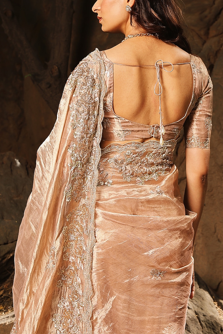 Rose Gold Tissue Embroidered Wedding Saree Set by The House of Ta-Ya at Pernia's Pop Up Shop