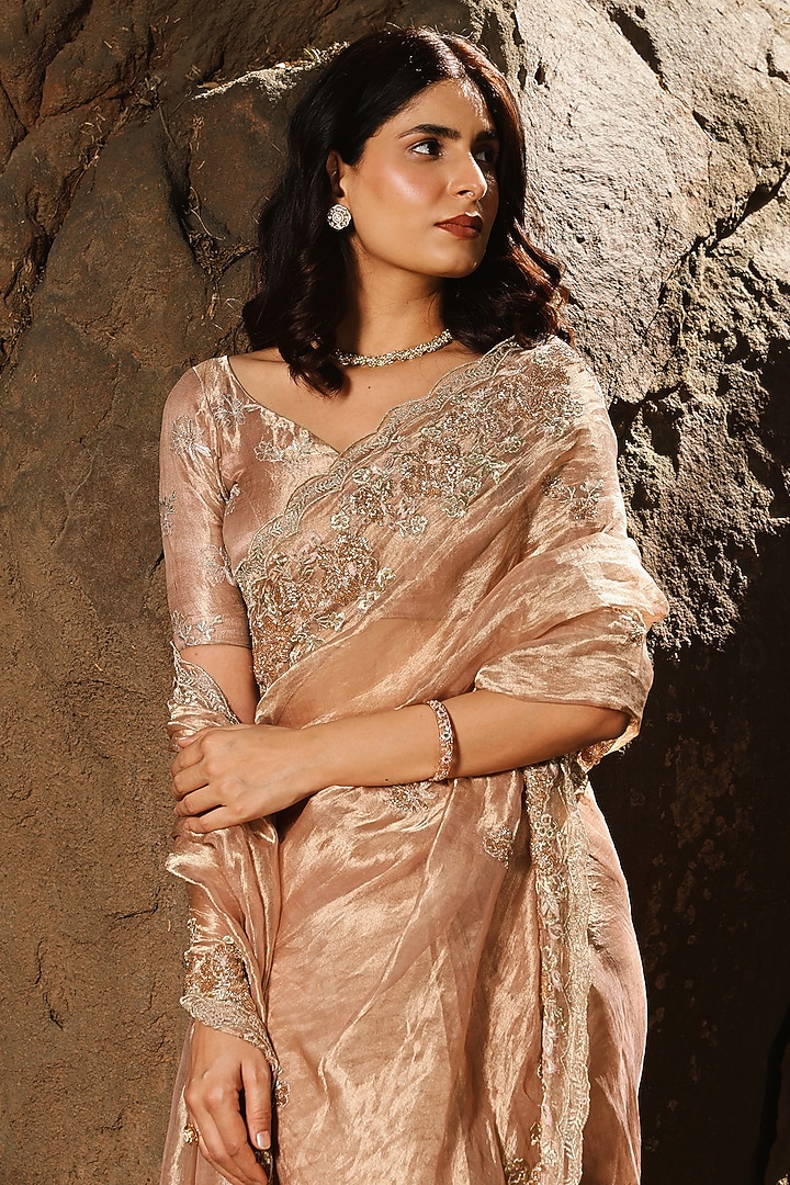 Rose Gold Tissue Embroidered Wedding Saree Set by The House of Ta-Ya at Pernia's Pop Up Shop