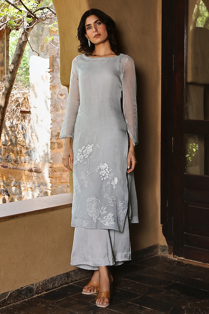 Blue Viscose Organza Threadwork Kurta Set by The House of Ta-Ya at Pernia's Pop Up Shop