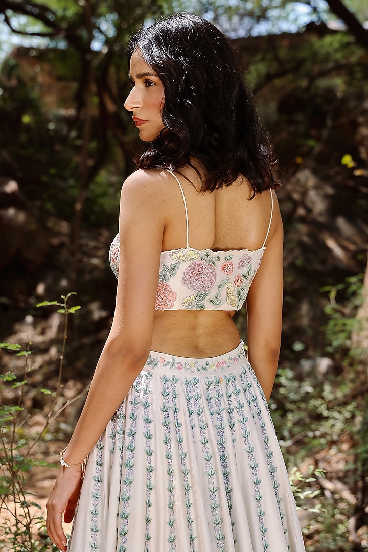 Cream Raw Silk Floral Motifs Embroidered Wedding Lehenga Set by The House of Ta-Ya at Pernia's Pop Up Shop