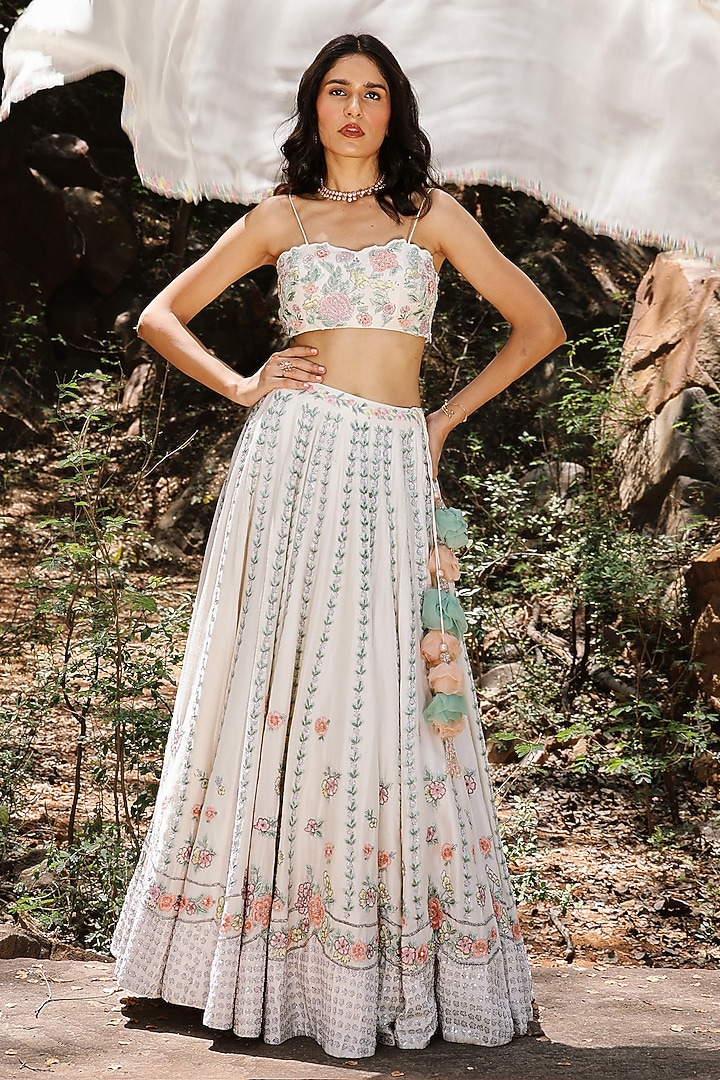 Cream Raw Silk Floral Motifs Embroidered Wedding Lehenga Set by The House of Ta-Ya at Pernia's Pop Up Shop