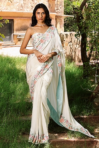 Cream Viscose Silk Floral Embroidered Saree Set by The House of Ta-Ya