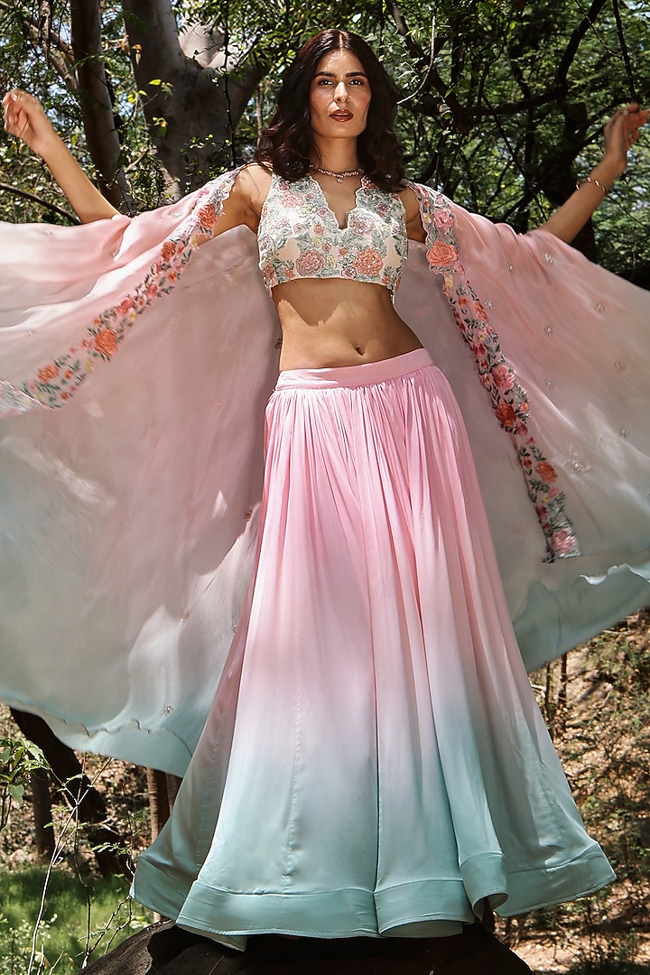 Multi-Colored Modal Satin Hand Embroidered Wedding Lehenga Set by The House of Ta-Ya at Pernia's Pop Up Shop