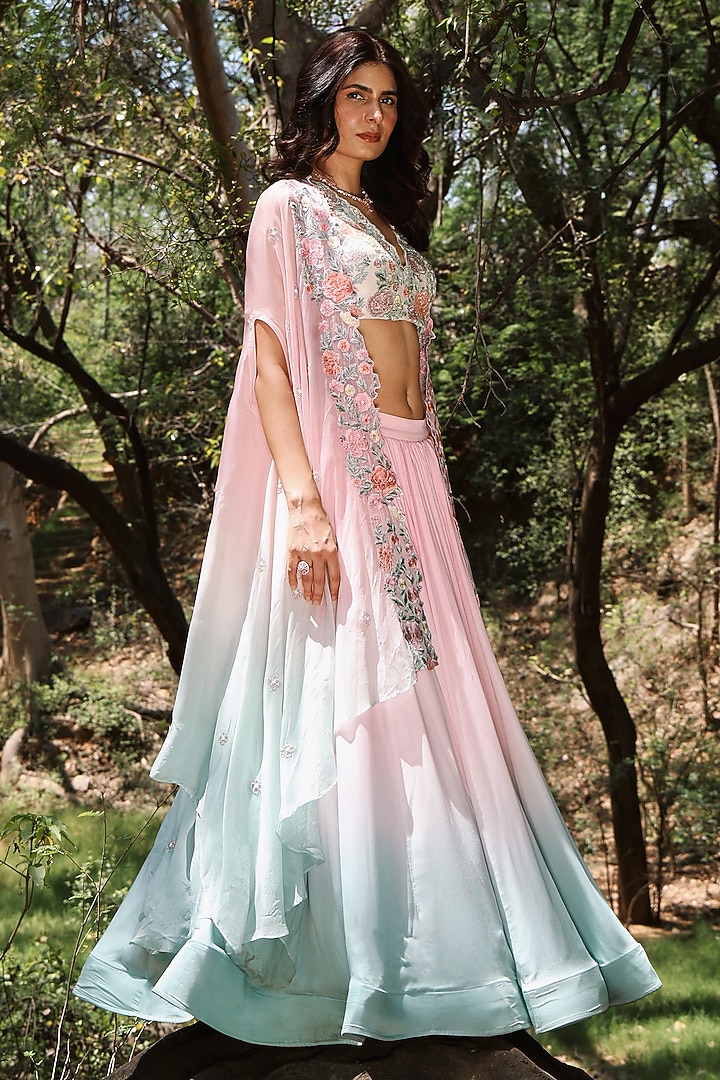 Multi-Colored Modal Satin Hand Embroidered Wedding Lehenga Set by The House of Ta-Ya at Pernia's Pop Up Shop