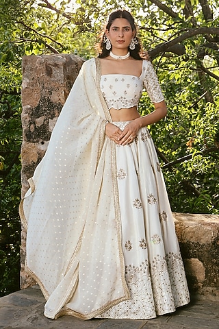 Cream Viscose Silk Hand Embroidered Lehenga Set by The House of Ta-Ya
