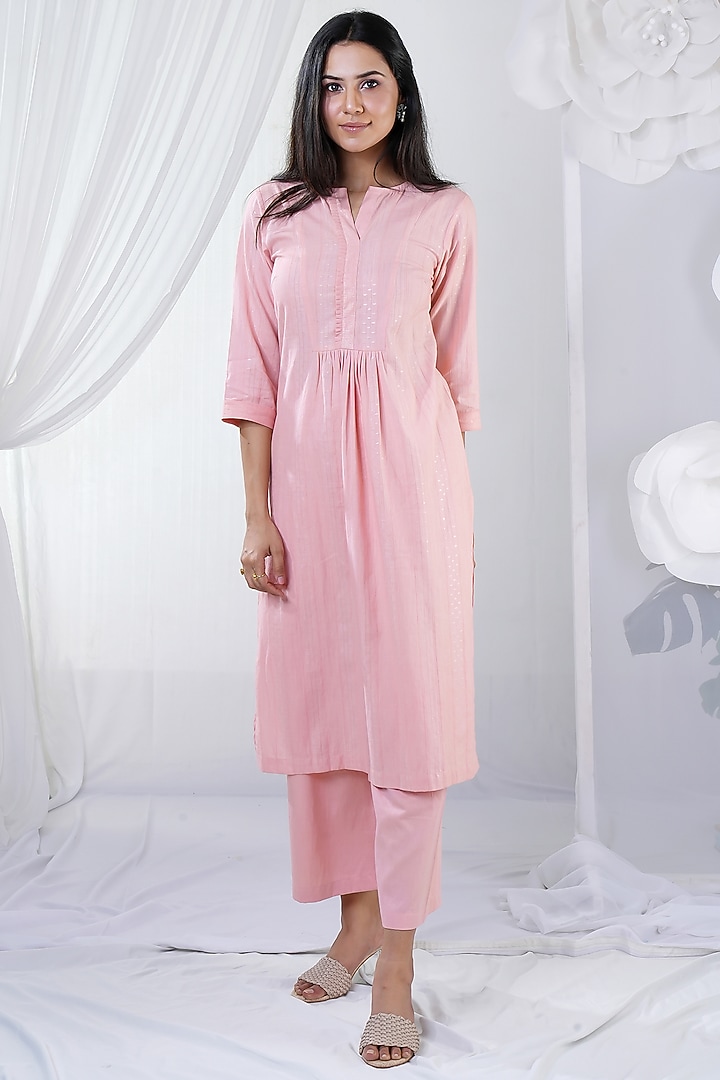 Peach Cotton Floral Kurta Set Design by The White Dahlia at Pernia's