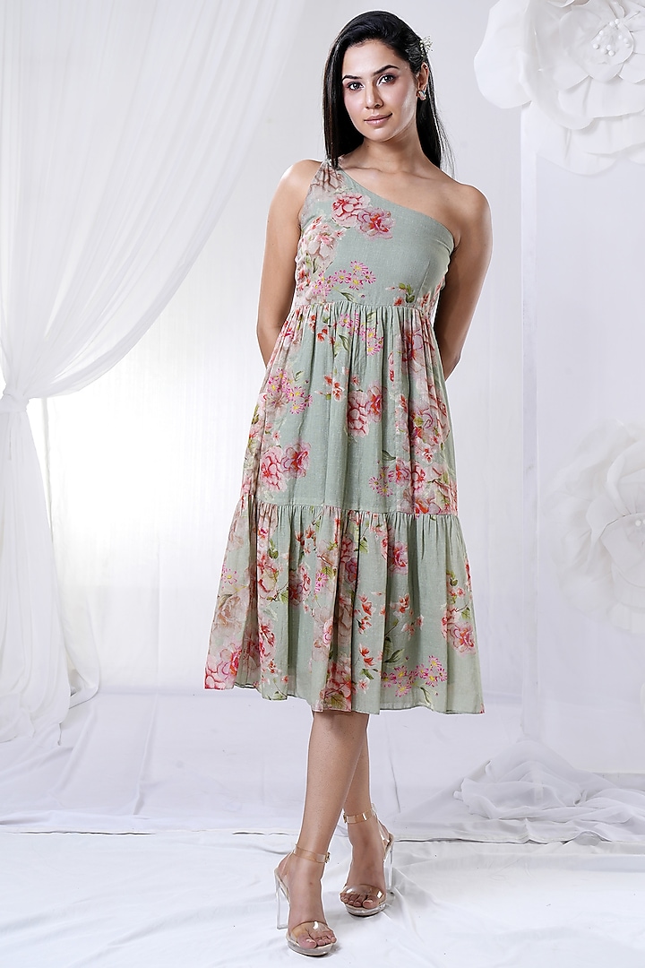 Green & Pink One-Shoulder Dress by The House of Ta-Ya