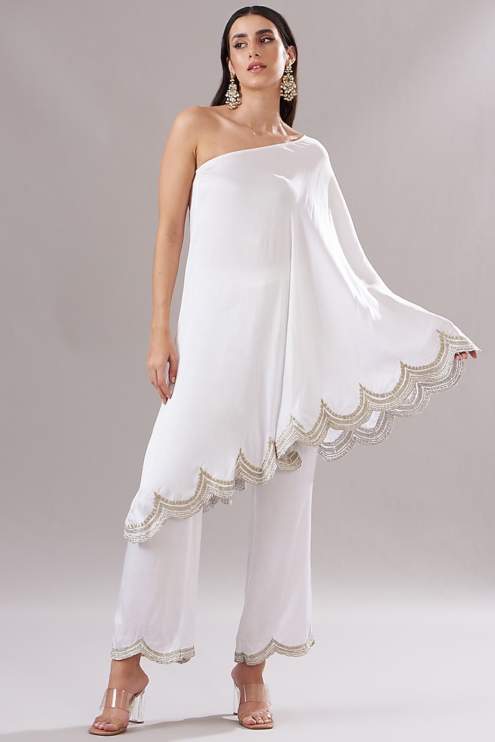 White Modal Satin Embroidered Tunic Set by The House of Ta-Ya
