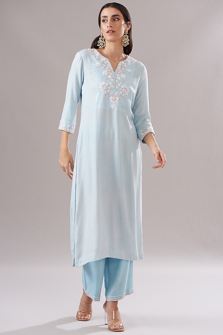 Blue Cotton Modal Embroidered Kurta Set by The House of Ta-Ya at Pernia's Pop Up Shop