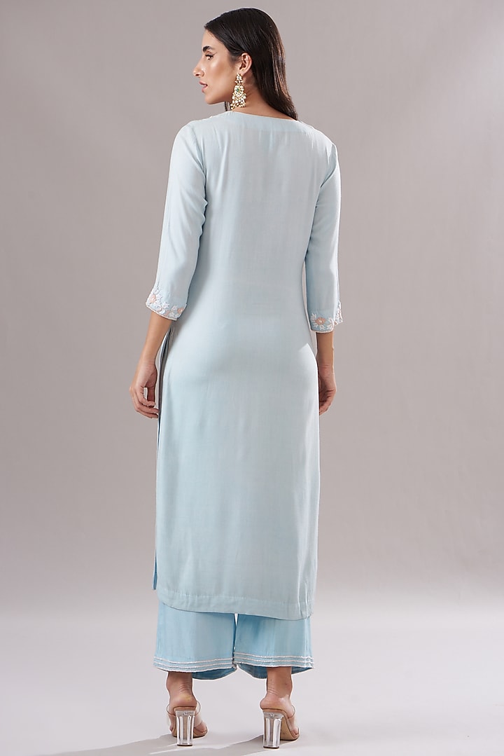Blue Cotton Modal Embroidered Kurta Set by The House of Ta-Ya at Pernia's Pop Up Shop