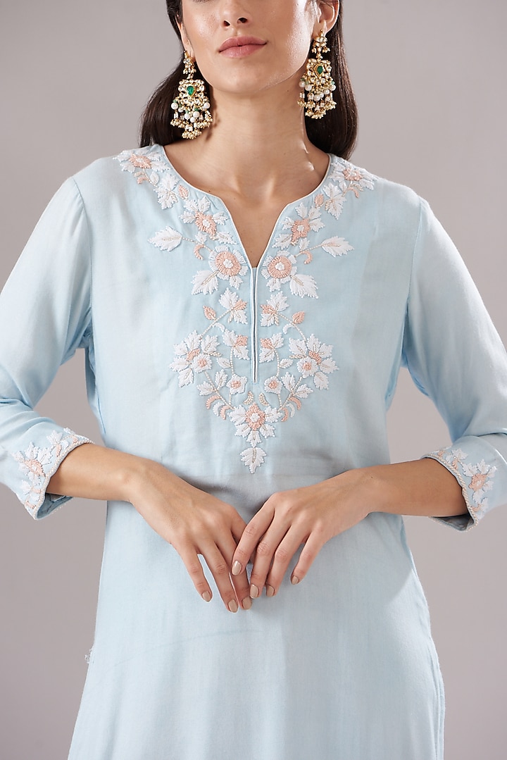 Blue Cotton Modal Embroidered Kurta Set by The House of Ta-Ya at Pernia's Pop Up Shop