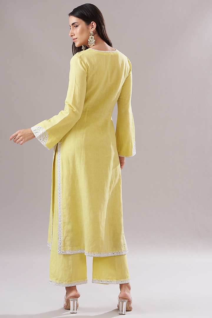 Yellow Linen Embroidered Kurta Set by The House of Ta-Ya at Pernia's Pop Up Shop