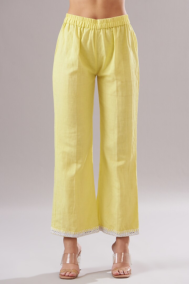 Yellow Linen Embroidered Kurta Set by The House of Ta-Ya at Pernia's Pop Up Shop