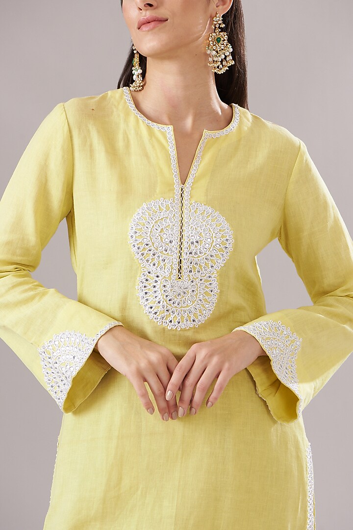 Yellow Linen Embroidered Kurta Set by The House of Ta-Ya at Pernia's Pop Up Shop
