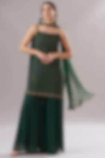 Bottle Green Georgette Sharara Set by The House of Ta-Ya at Pernia's Pop Up Shop