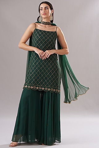 Bottle Green Georgette Sharara Set by The House of Ta-Ya