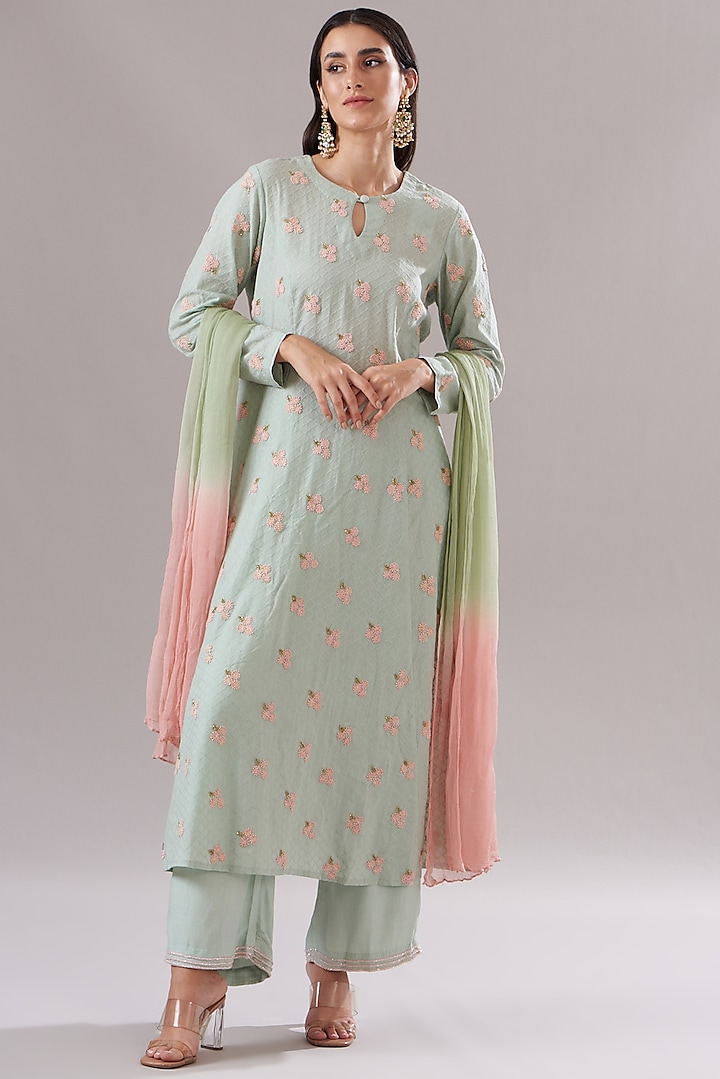 Mint Green Chanderi Embroidered Anarkali Set by The House of Ta-Ya at Pernia's Pop Up Shop